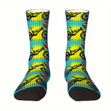 1 Pair of Vibrant Geometric-Patterned Mens Crew Socks - Breathable, Comfy, Casual, Unisex for Outdoor Wearing All Seasons - Soft Polyester Knit Fabric, Novelty Design for Fashion-Forward Guys
