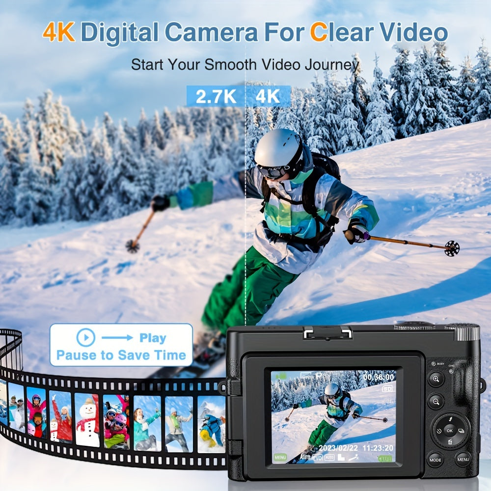 Cámara digital 4K de 48 MP, pantalla abatible de 3", enfoque automático, antivibración y zoom de 16x para fotografía y vídeo.