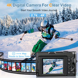 Cámara digital 4K de 48 MP, pantalla abatible de 3", enfoque automático, antivibración y zoom de 16x para fotografía y vídeo.