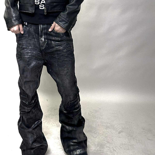 Two-color Bronzing Brush Wax Wash Distressed Micro-elastic Horn Jeans For Men - Lootquake