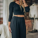 Women's Solid Color Two-piece Solid Exposed Navel Long Sleeved T-shirt And High Waist Wide Leg Pants Set - Lootquake