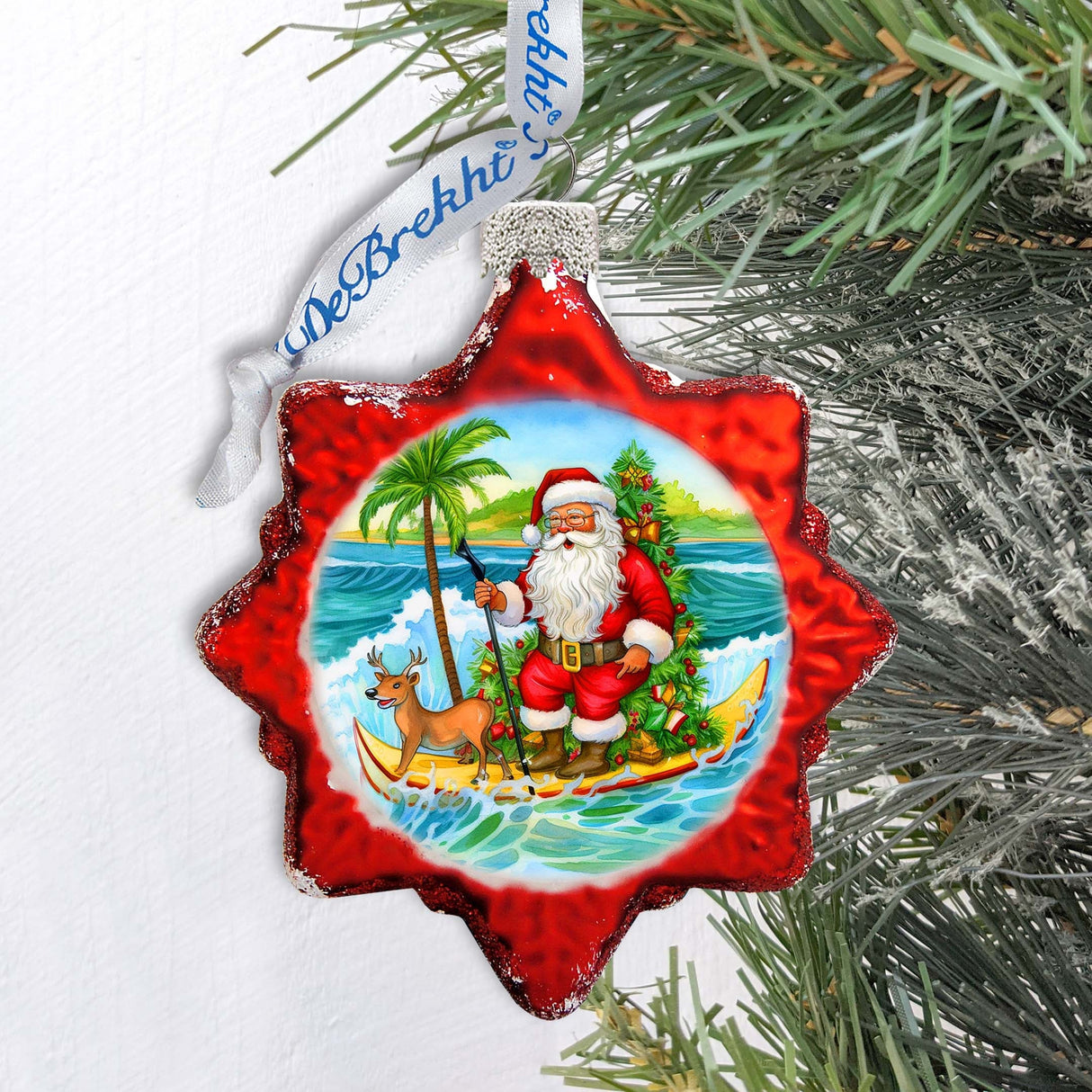 Beach House Decor - Santa on the Surfboard Keepsake Glass Ornaments by G. Debrekht - Christmas Decor - 777418