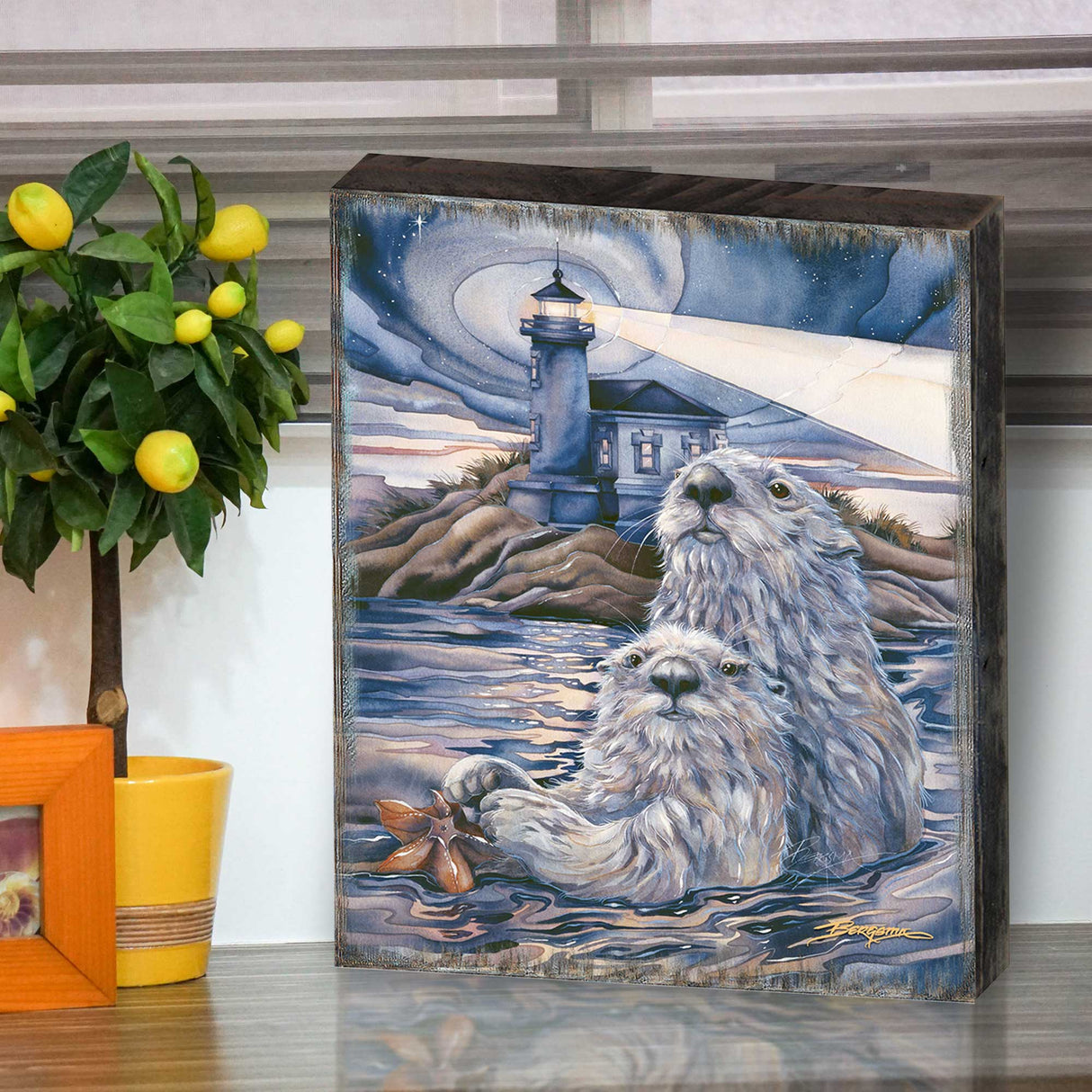 Starlight Otter Lighthouse Wooden Wall Art by J. Bergsma - Nature Wildlife Décor  - 85922572B-JB
