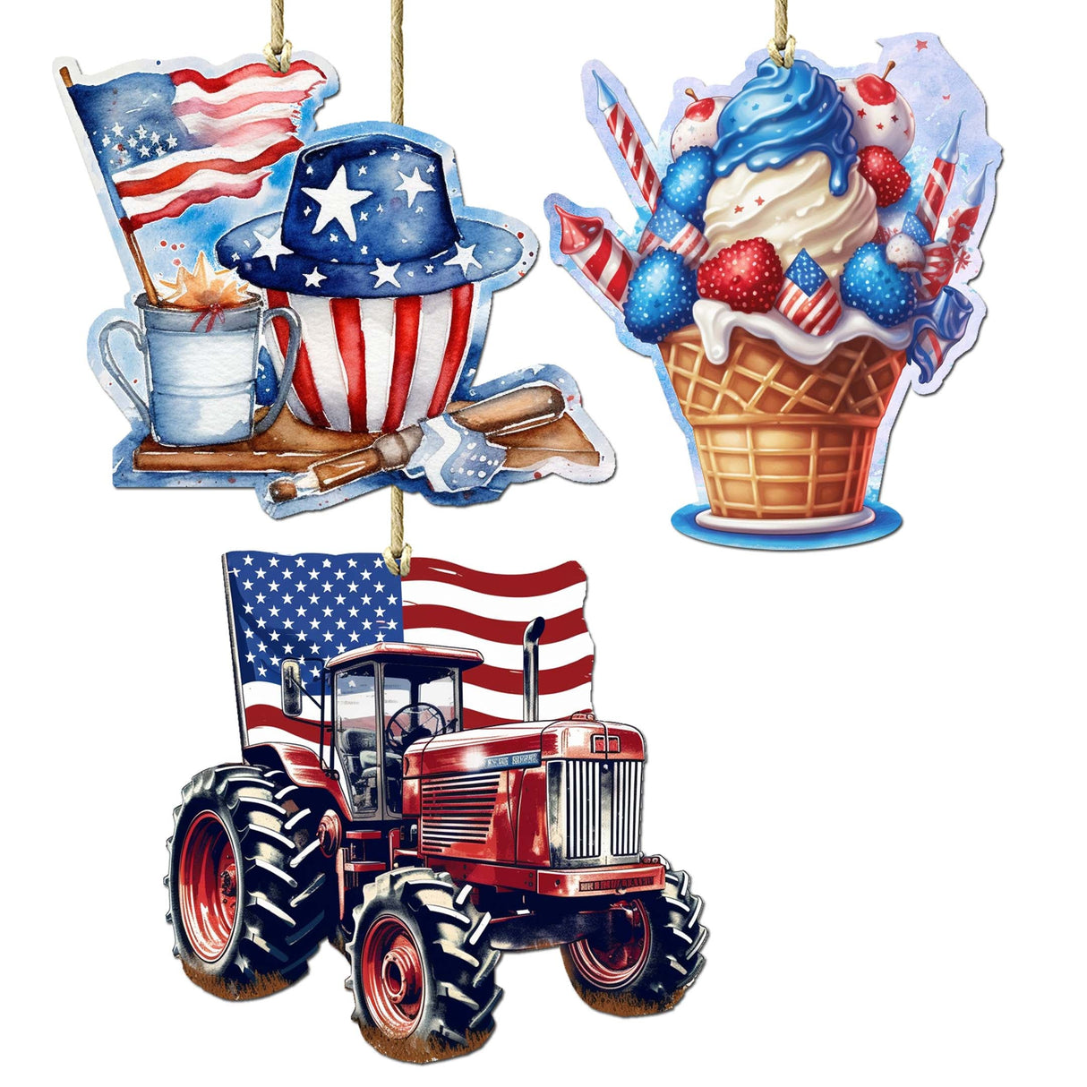 American Farmhouse Decorative Wooden Ornaments Set of 3 by G. Debrekht - Patriotic Decor - 8091001-S3