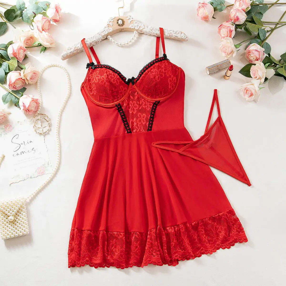 Sexy Lingerie Nightdress Lace Stitching Lace Body Shaping Sexy Lingerie Three-piece Set - Lootquake