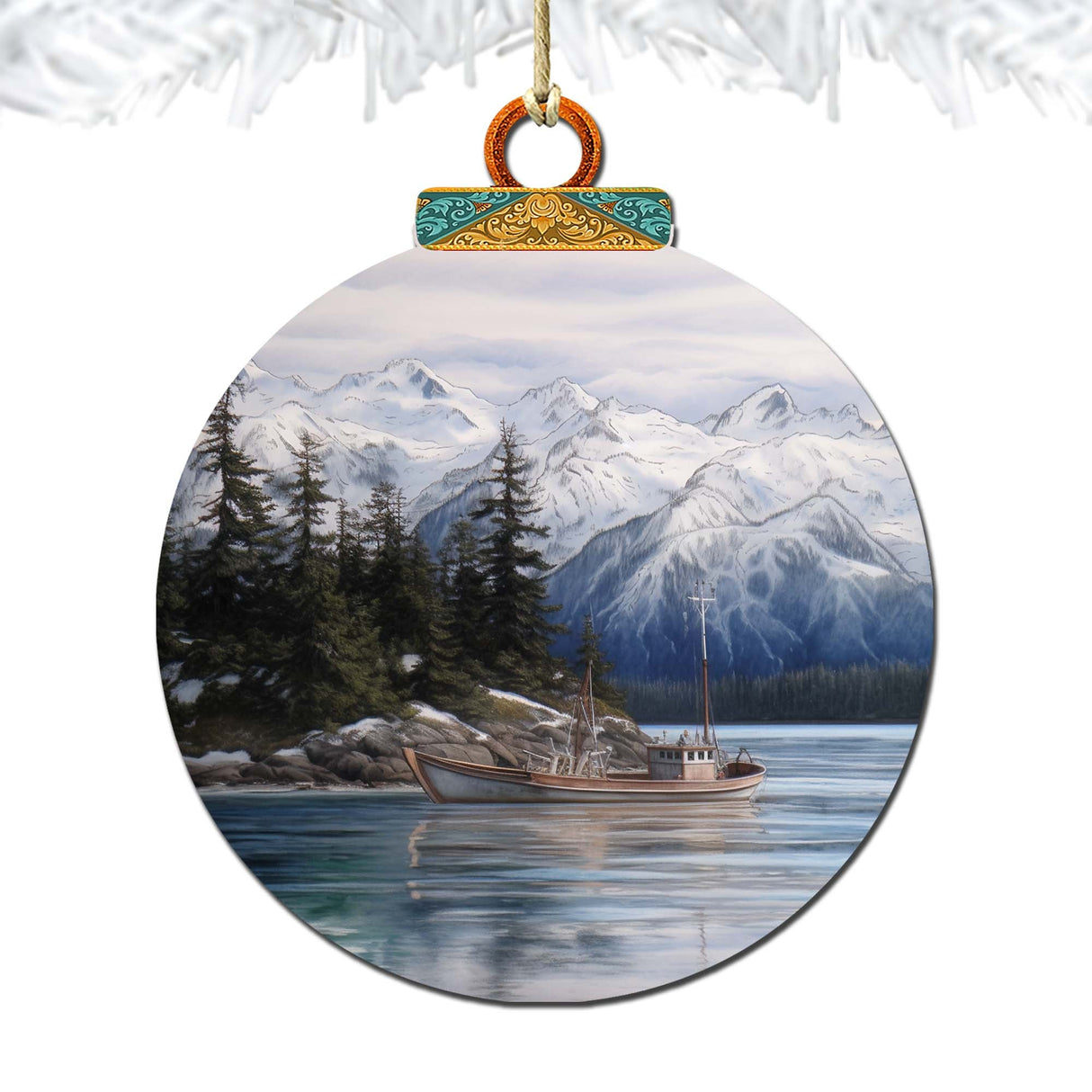 Fishing Boat in Alaska's Mountains Wooden Ornaments by G.Debrekht - Wildlife Holiday Decor - 870068