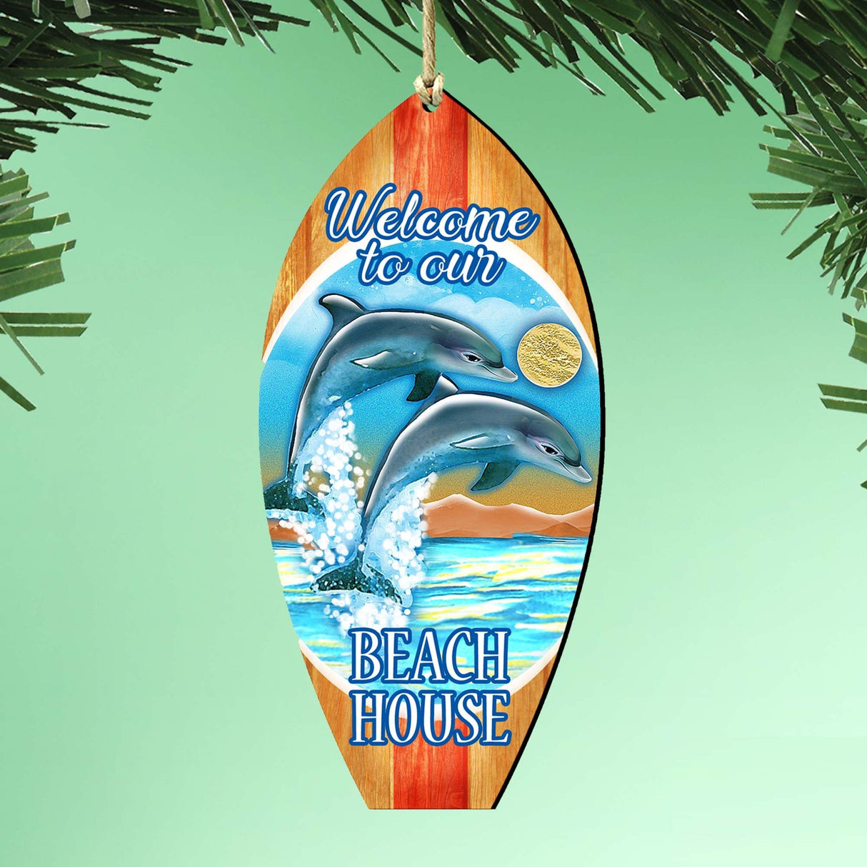 Dolphins Surfboard Wooden Ornaments by G. DeBrekht - Coastal Holiday Decor - 8114070