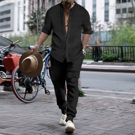 Men's Striped Hengli Collar Shirt Trousers - Lootquake