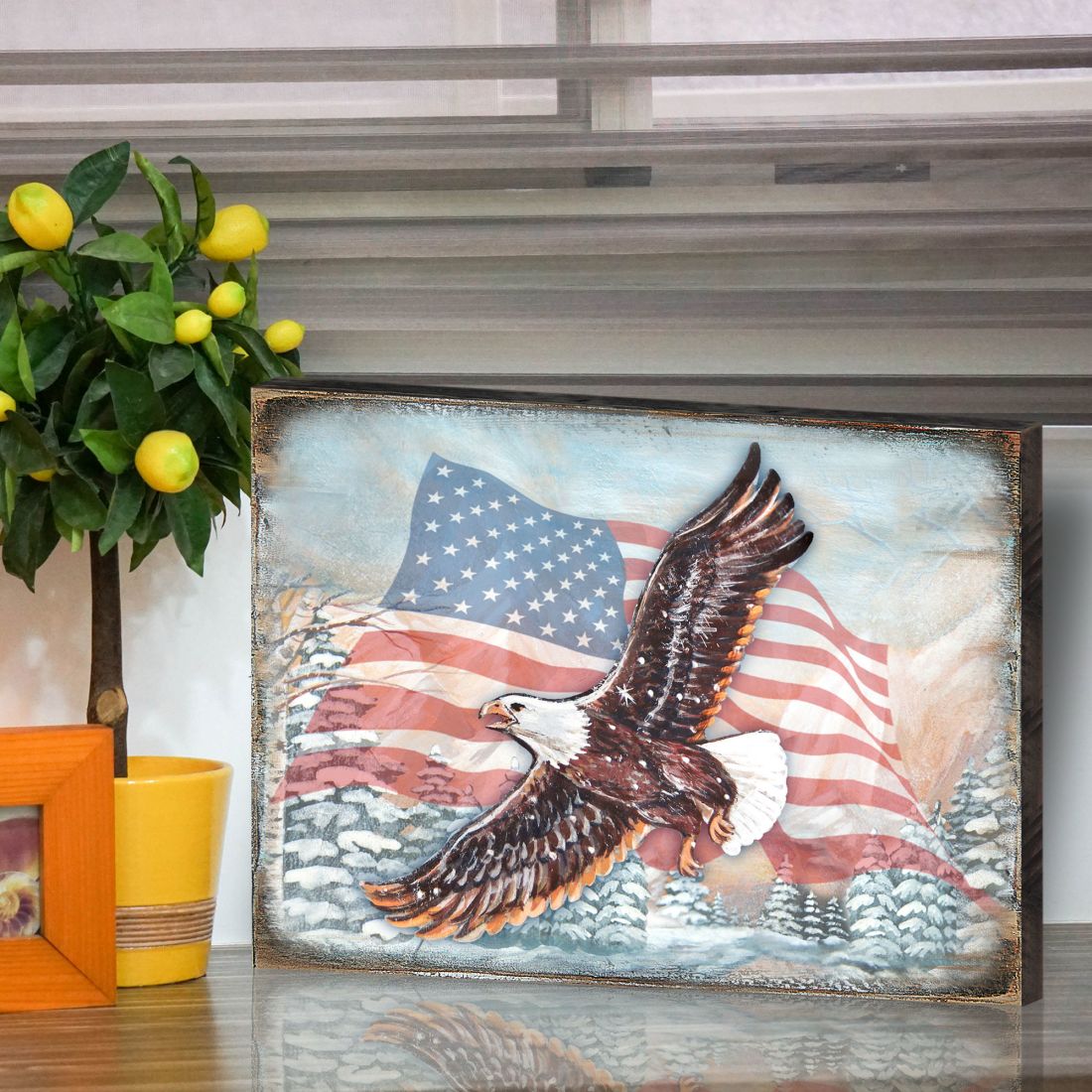 Arte mural de madera con águila americana de Nature Wonders - Decoración patriótica estadounidense - 95221B