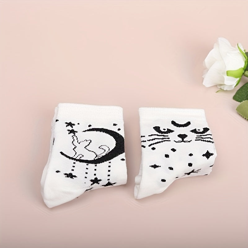 2 pares de calcetines con estampado de estrellas y lunas, cómodos y transpirables, medias de tubo medio para mujer.