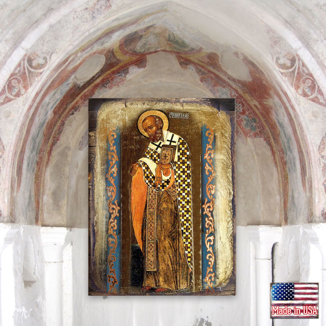 Icono sagrado ortodoxo religioso de madera de San Nicolás bañado en oro - Decoración inspiradora - 85033