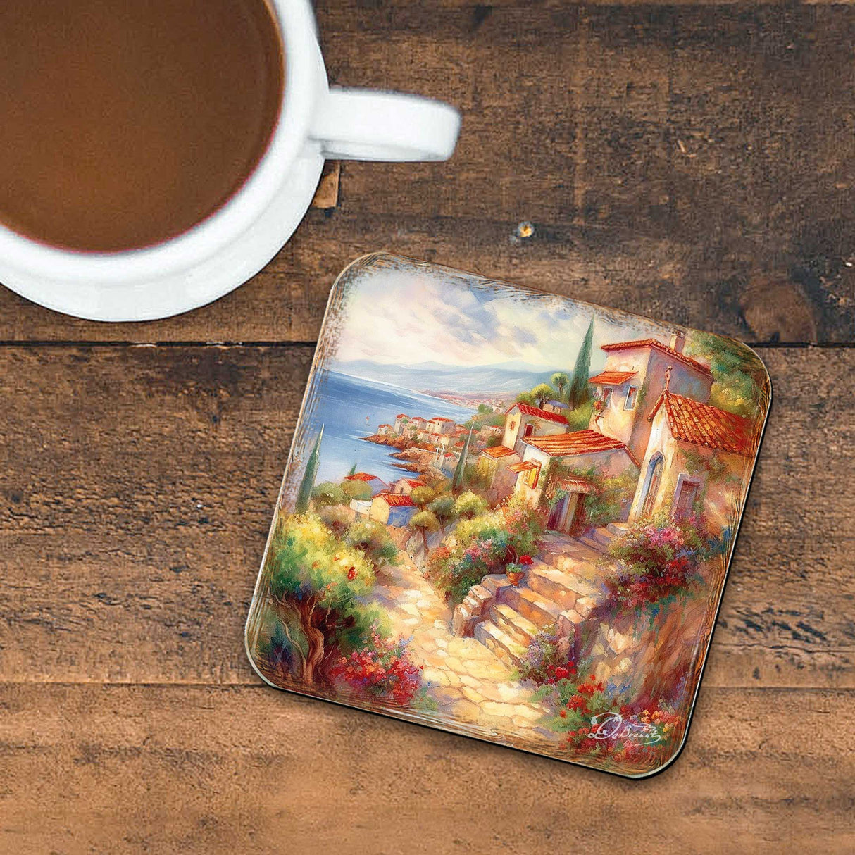 Mediterranean Sea-side Wooden Cork Coasters Gift Set of 4 by G. Debrekht - Coastal Holiday Decor  - 8199475C-S4