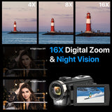 Cámara Nicamery HD 1080P con zoom eficiente de 16x, antivibración, compatible con micrófono externo, cámara web Full HD de 2400 píxeles, control remoto, parasol, 2 baterías de 1000 mAh, larga duración y tarjeta TF de 32 GB.