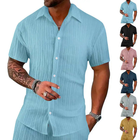 Polo Collar Solid Color Short Sleeve Button Men's Casual Loose Short Sleeves Shirt - Lootquake