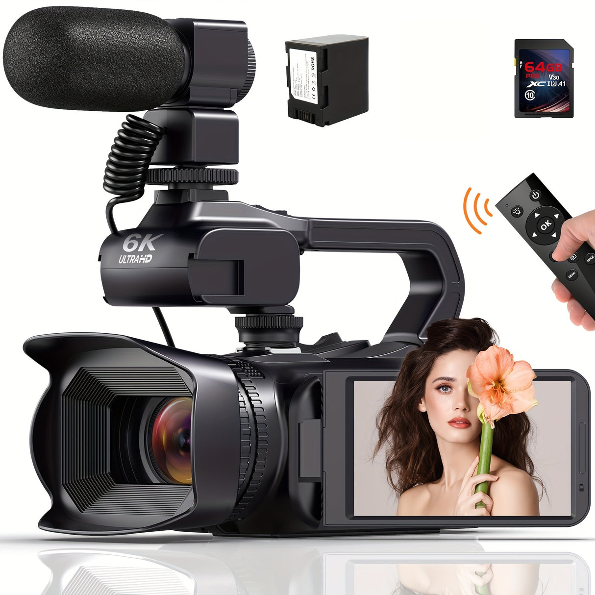 Cámara de video 6K de 64 MP con zoom de 18x, visión nocturna por infrarrojos, pantalla táctil de 4 pulgadas, wifi, micrófono y control remoto.