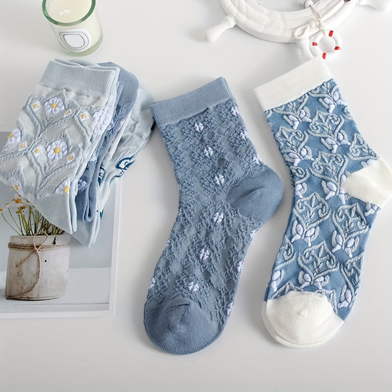 5 calcetines de punto cómodos con estampado de flores de dibujos animados, transpirables y suaves para exteriores.