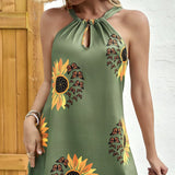 Ladies' Neck Hanging Sunflower Butterfly Print Hollow Sleeveless Casual Dress - Lootquake