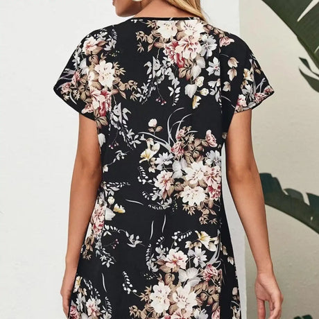 Ladies' Batwing Sleeve Floral Print Waist With Casual Pullover Round Neck Short Sleeved Skirt - Lootquake