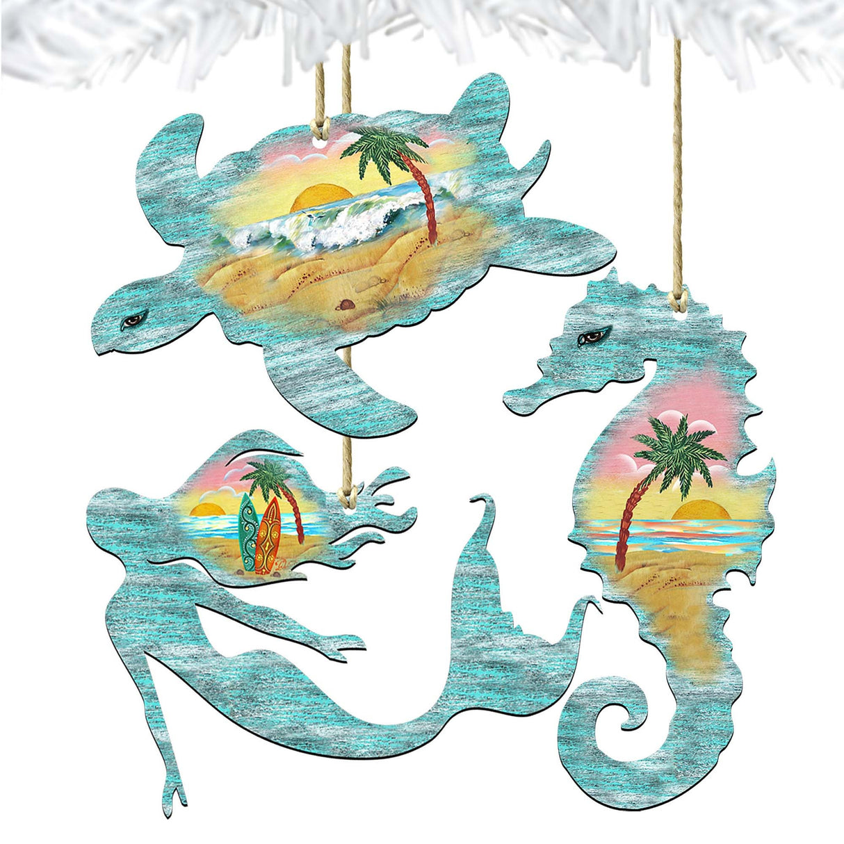 Coastal Wooden Ornaments-Sea Turtle,Mermaid,Seahorse Set of 3 by G. DeBrekht - Coastal Holiday Decor - 8100045S3