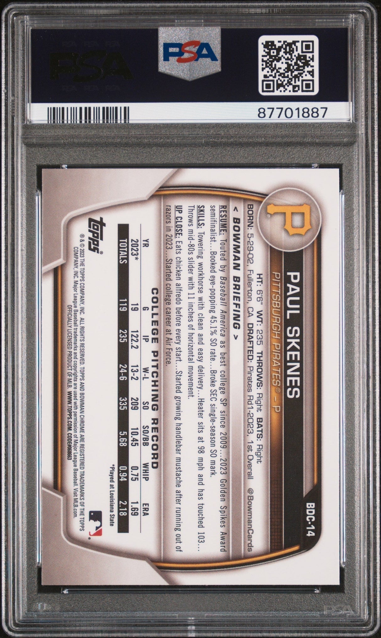Tarjeta de béisbol de Paul Skenes #BDC14, cromada, de novato, con calificación Topps Bowman Draft 2023, PSA 10 Gem Mint