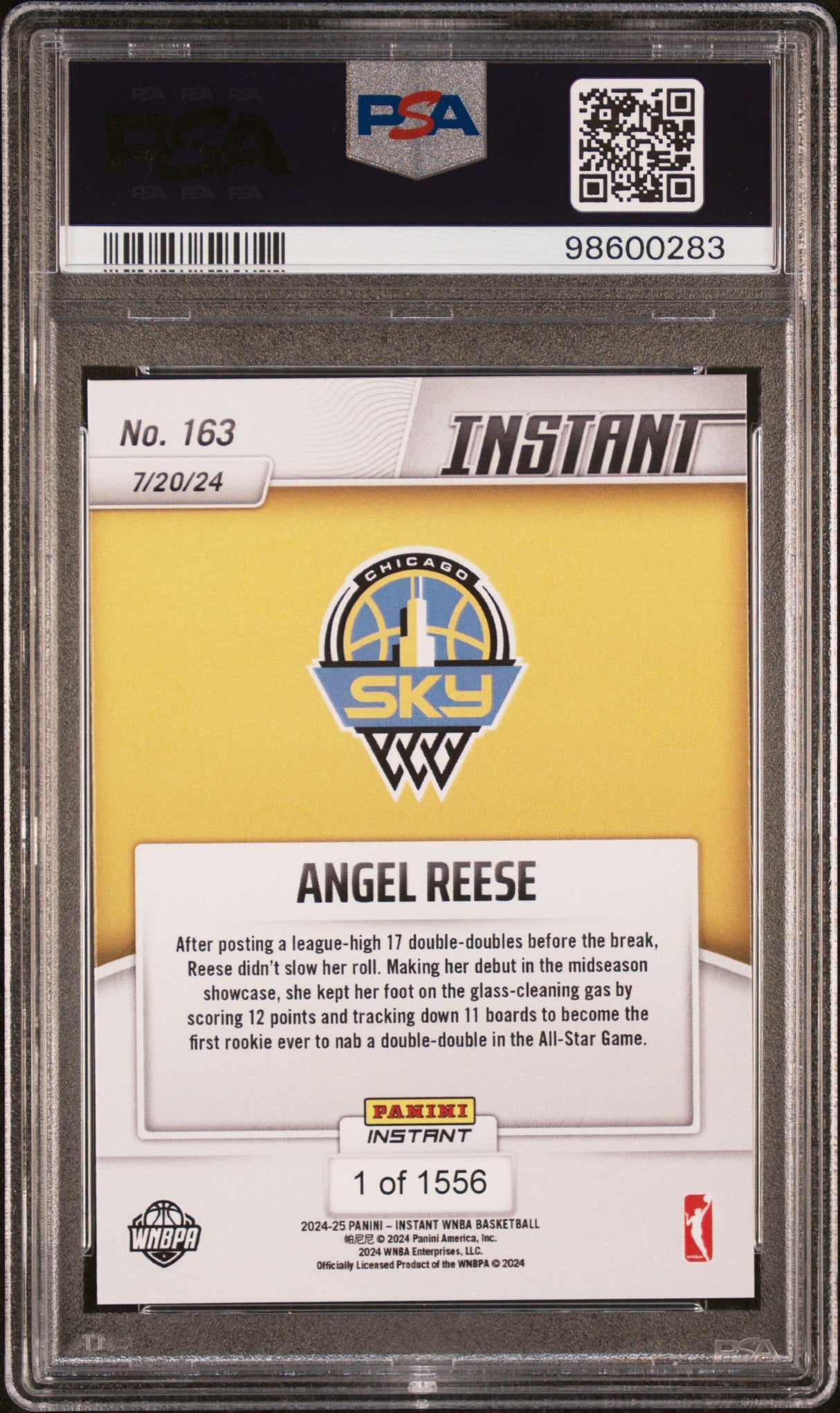 Tarjeta de baloncesto Panini Instant WNBA Angel Reese n.° 163 Rookie RC PSA 9 Mint, clasificada en 2024