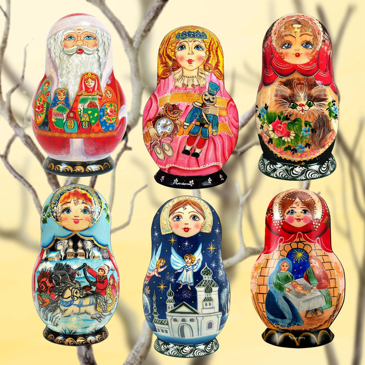 Nested Dolls Decorative Wooden Clip-on Ornaments Set of 6 by G. Debrekht - Christmas Decor - 8090130C-S6