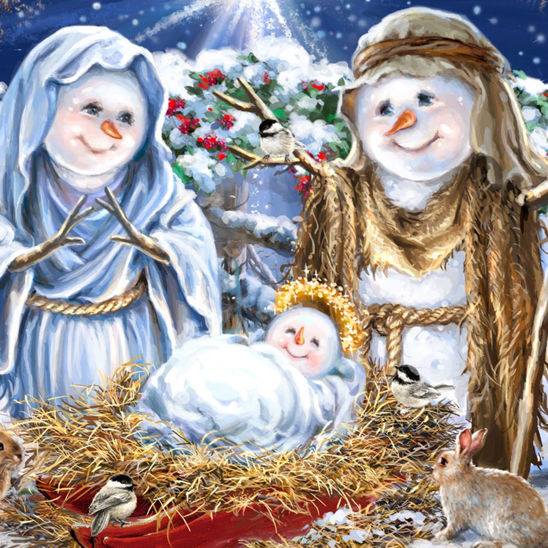 Snow Family Nativity Art Wooden Wall Art by D. Gelsinger - Christmas Santa Snowman Decor - 95675B-DG