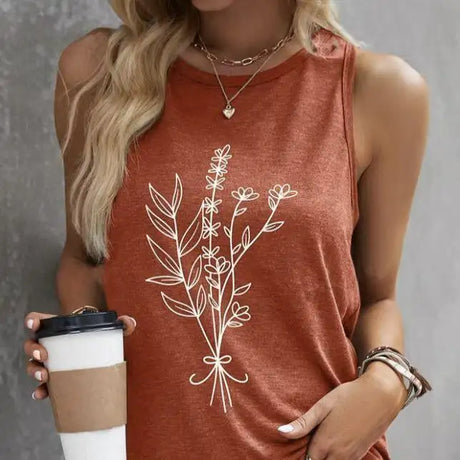 Women's Round Neck Simple Plant Print Versatile Fashion Vacation Style Vest Top - Lootquake