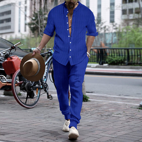Men's Striped Hengli Collar Shirt Trousers - Lootquake