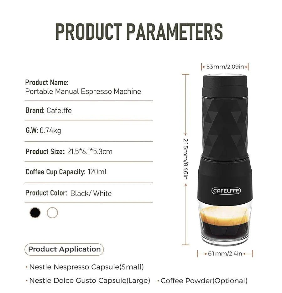 Cafelffe 3 In1 Portable Coffee Machine Hot/Cold Water Manual Espresso Maker For Capsule & Ground Hand Press Brewer hiking Travel