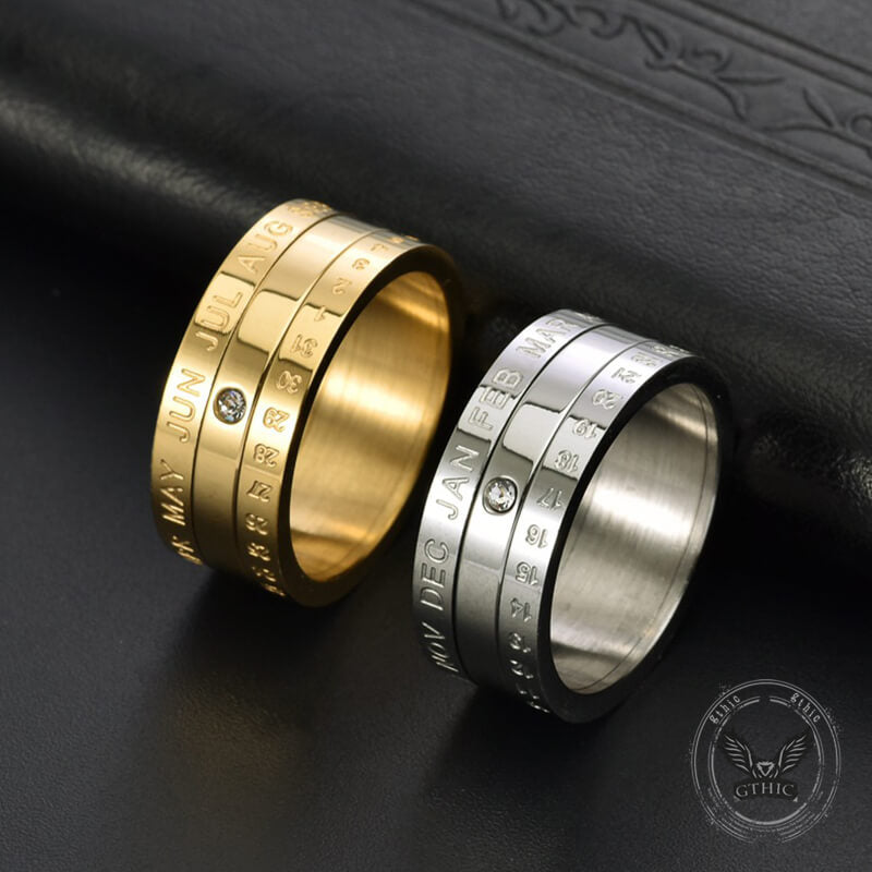 Anillo giratorio de acero inoxidable con diamantes y calendario