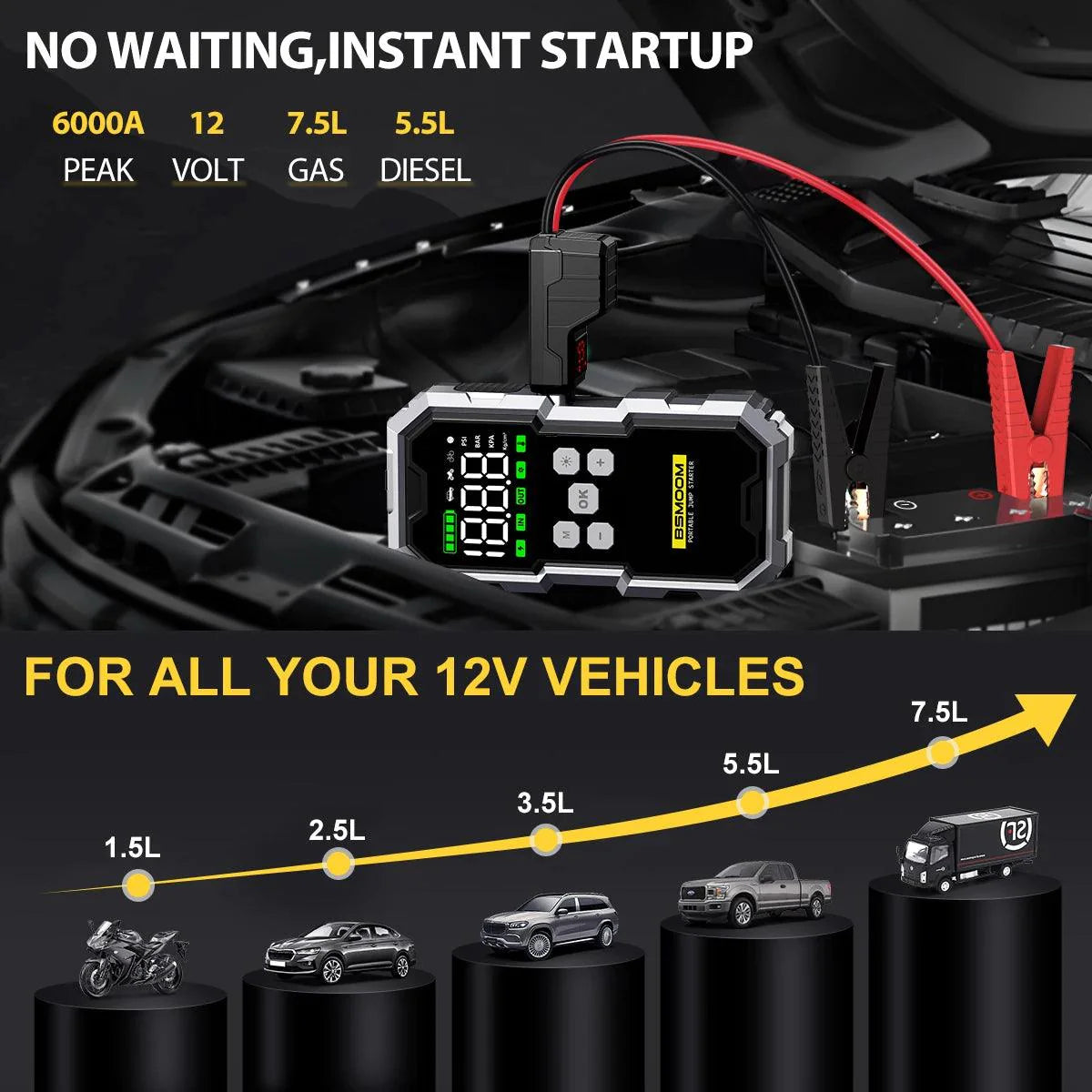 CarJump Pro Jump Starter & Air Compressor - 6000A Power, 21800mAh Capacity, LCD Screen for Effortless Car Battery Boosting