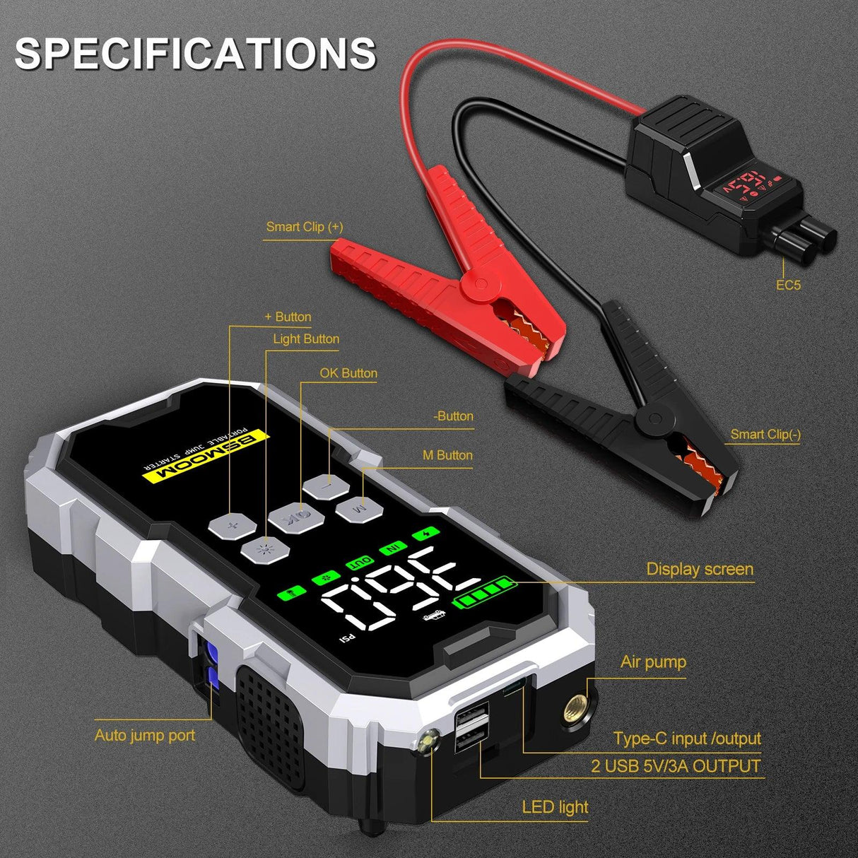 CarJump Pro Jump Starter & Air Compressor - 6000A Power, 21800mAh Capacity, LCD Screen for Effortless Car Battery Boosting