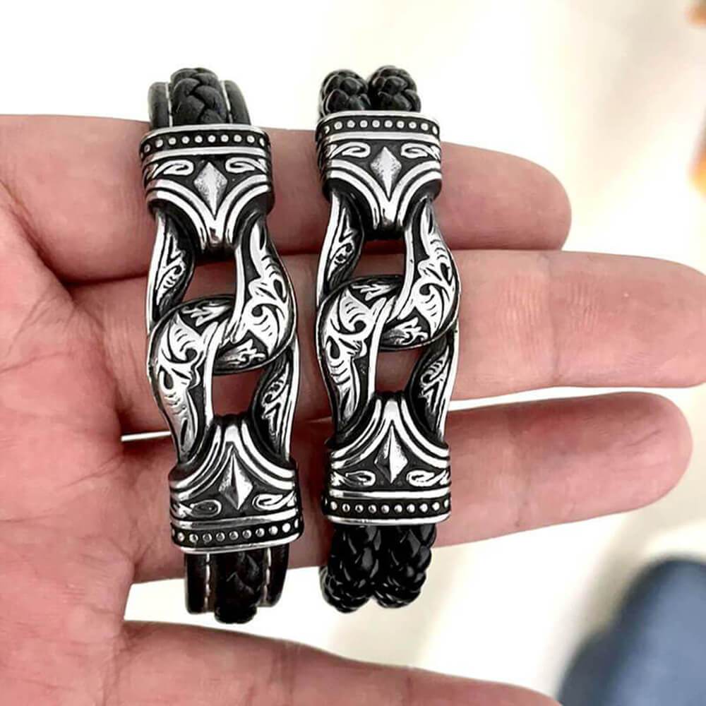 Carved Viking Stainless Steel Leather Bracelet