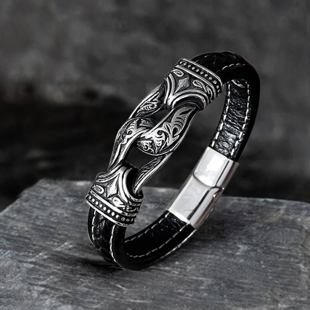 Carved Viking Stainless Steel Leather Bracelet