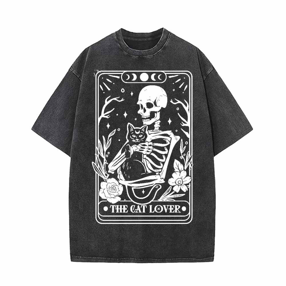Camiseta lavada vintage con esqueleto de la carta del tarot de los amantes de los gatos