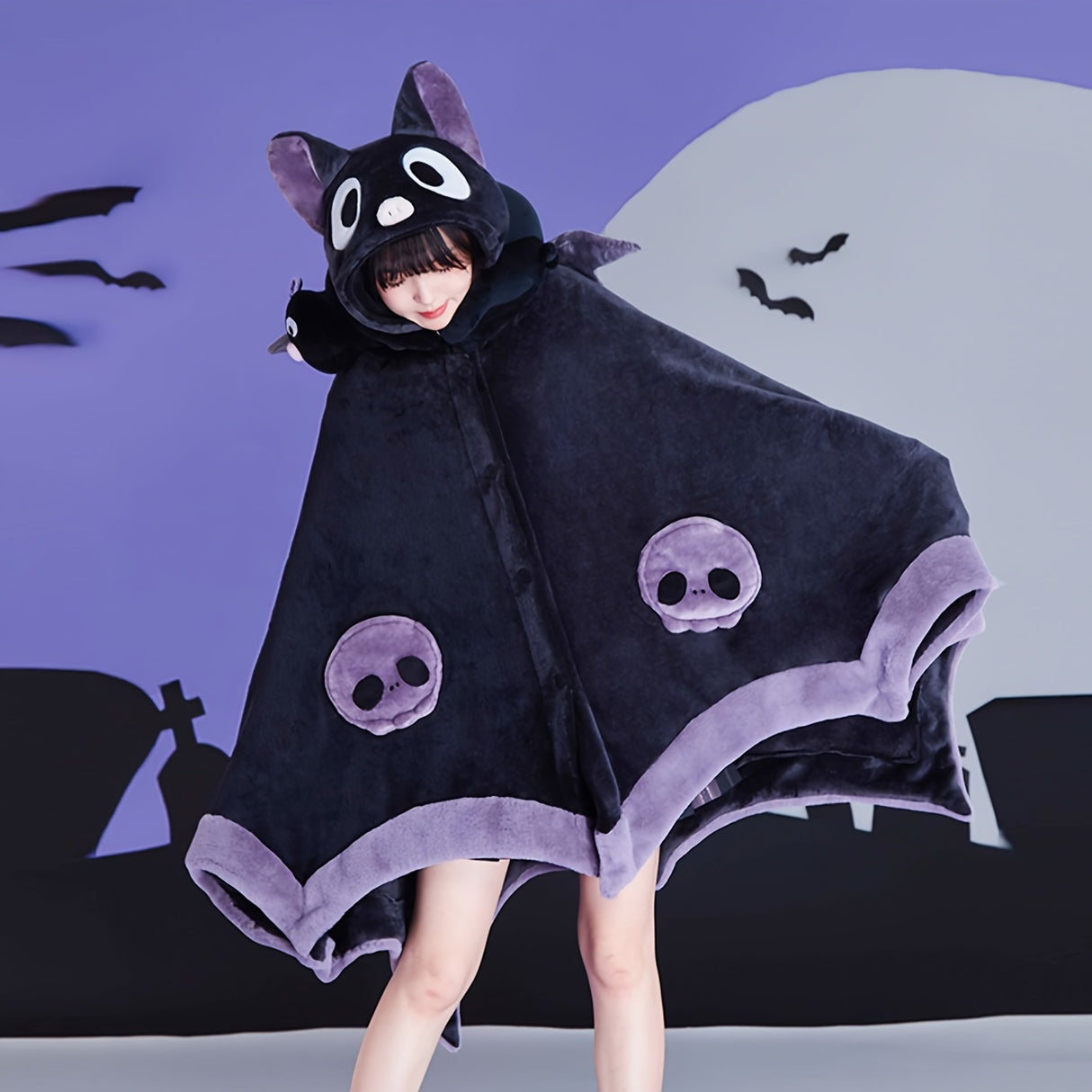 Cozy Bat-Themed Hooded Wearable Blanket with Detachable Nose - Soft Flannel, Machine Washable for Autumn & Winter