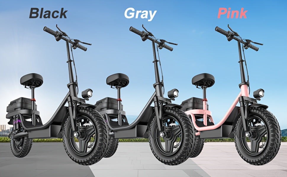 Trottinette électrique pour adultes, avec siège, moteur 740 W, autonomie jusqu'à 32 km/h, batterie 48 V 56,4 V 15 Ah, pneu 14 pouces, avec boîte arrière.