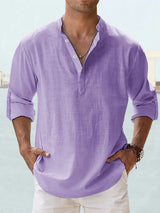 Men's Linen Stand-up Collar Long Sleeve T-shirt Loose Undershirt - Lootquake