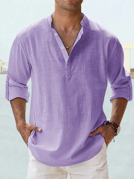 Men's Linen Stand-up Collar Long Sleeve T-shirt Loose Undershirt - Lootquake