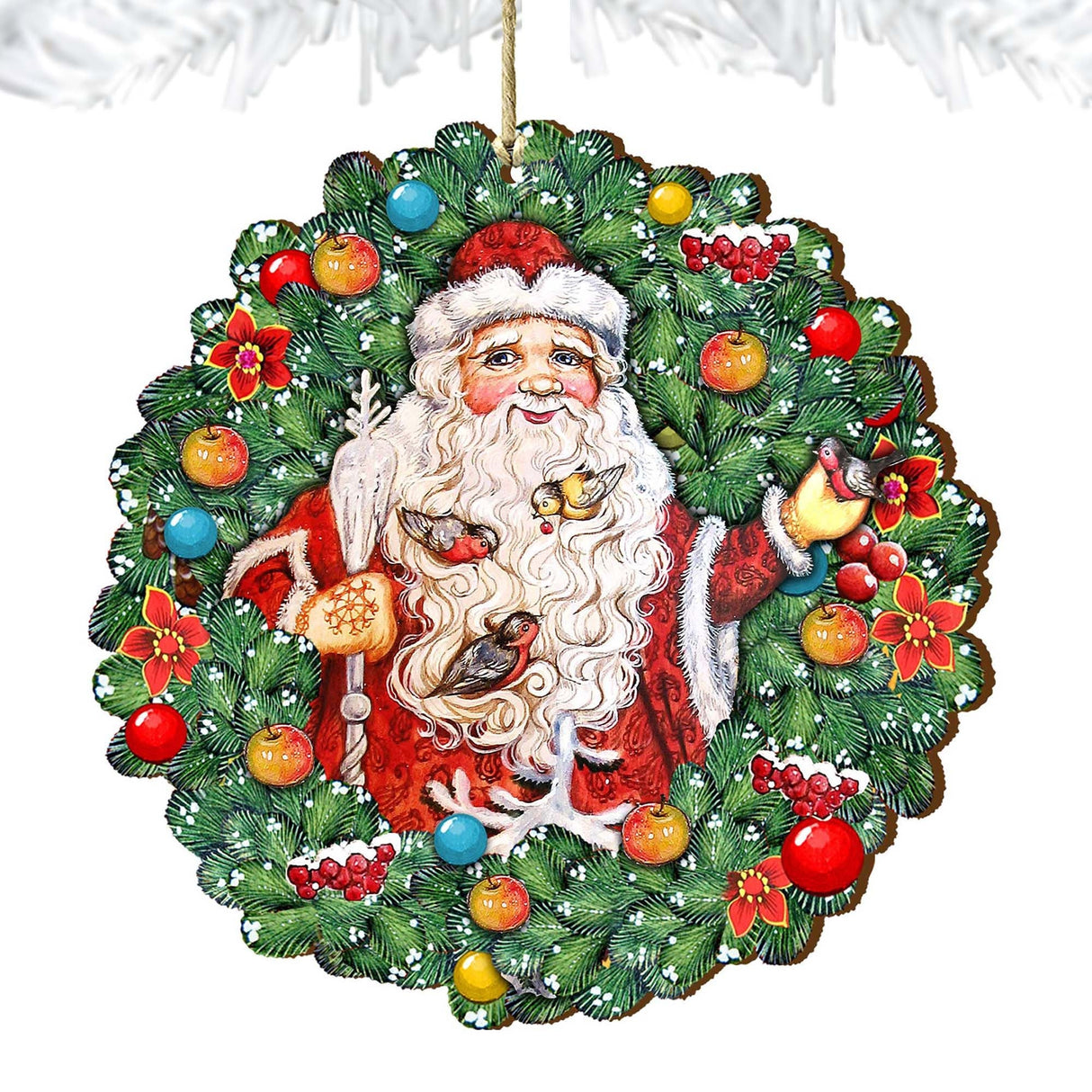 Santa Wreath with Birds Wooden Ornaments by G. DeBrekht - Christmas Santa Snowman Decor - 8185320
