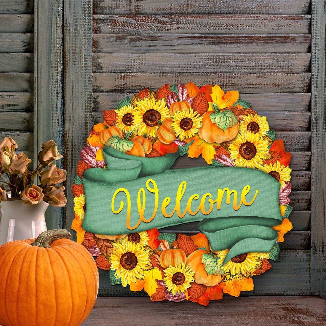 Corona de flores otoñales para puerta de G. DeBrekht - Decoración para Acción de Gracias y Halloween - 8185305-2H