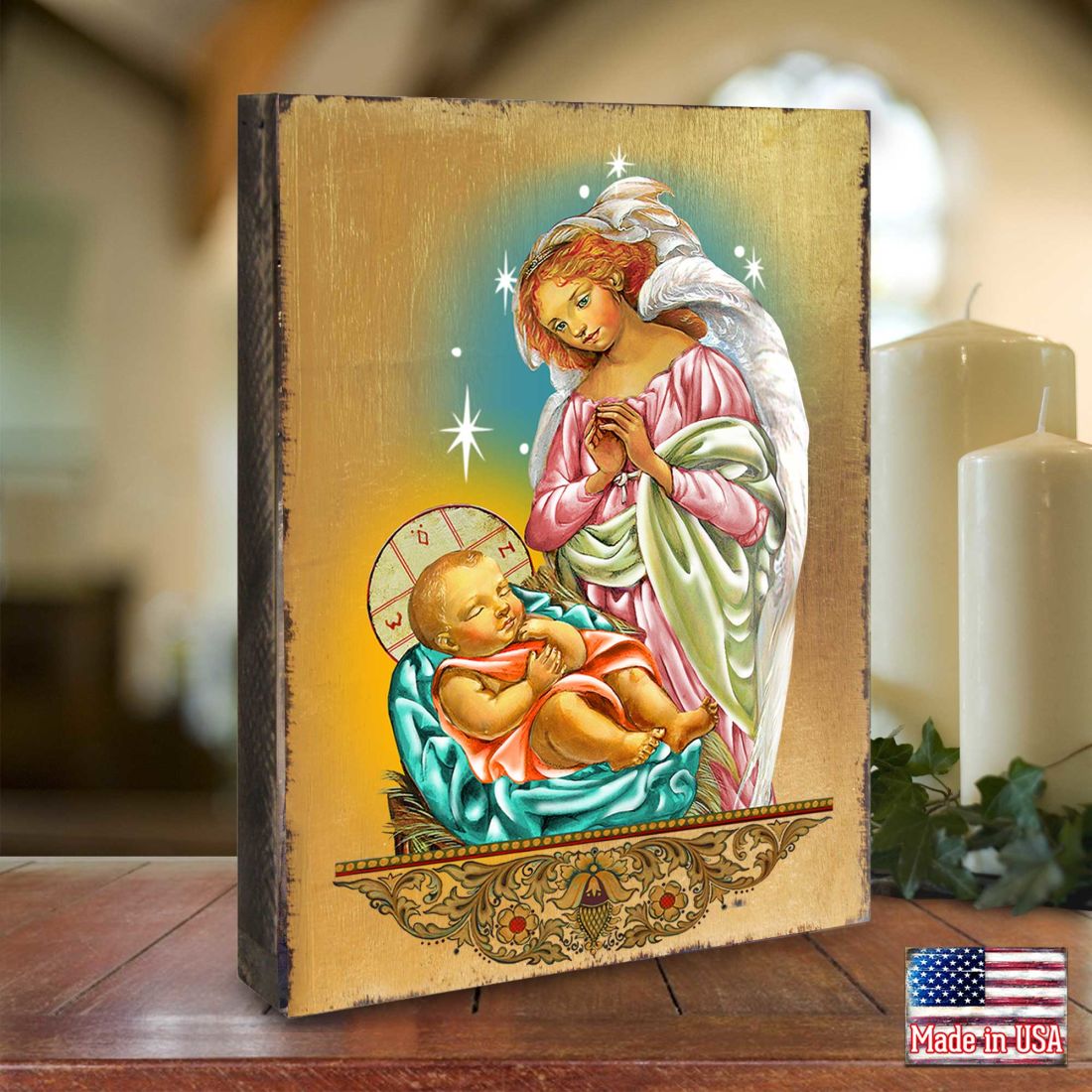 Blessing Angel with Child Wooden Gold Plated Religious Christian Sacred Icon - Inspirational Icon Decor - 85028