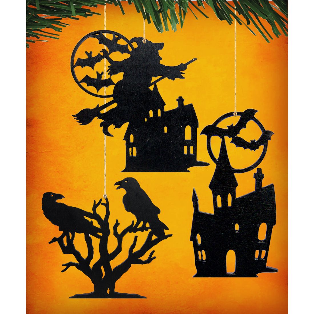 Halloween Wooden Ornaments-Witch,Castle,Birds-Set of 3 - Thanksgiving Halloween Decor - 8100187S3