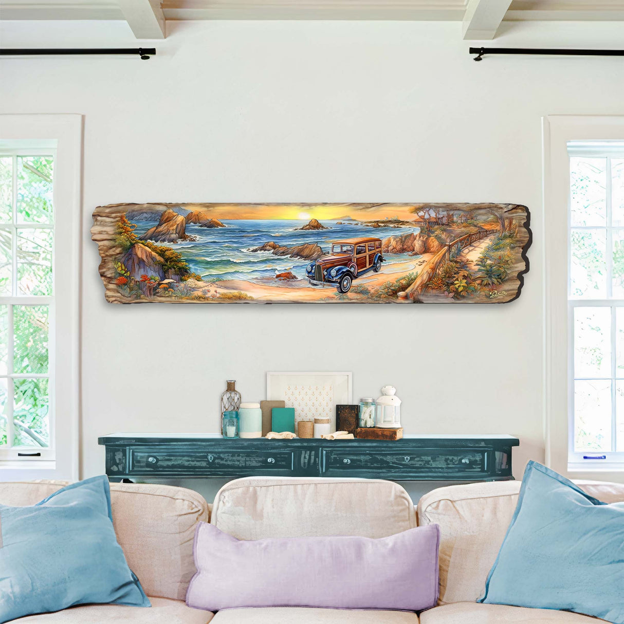 Arte mural de madera con coche retro en la playa de G. DeBrekht Coastal Decor - 8491114W