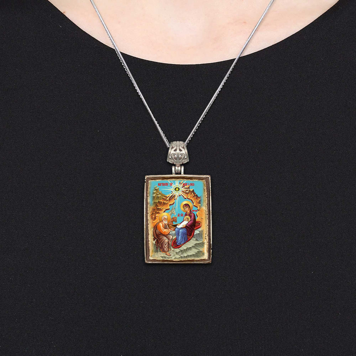 Nativity Religious Jewelry Silver Plated Necklace, Gold-Plated Wooden Cabochon - Orthodox Sacred Icon - Inspirational Icon Decor - 43052R
