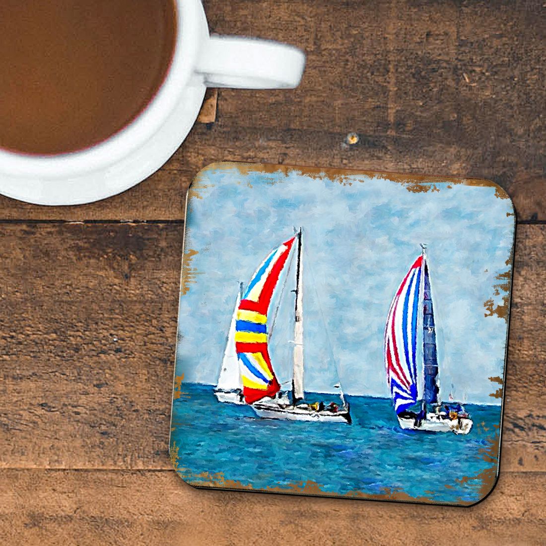 Sailboats Coastal Wooden Cork Coasters Gift Set of 4 by Nature Wonders - Coastal Sea-Life Decor - 95259C-S4