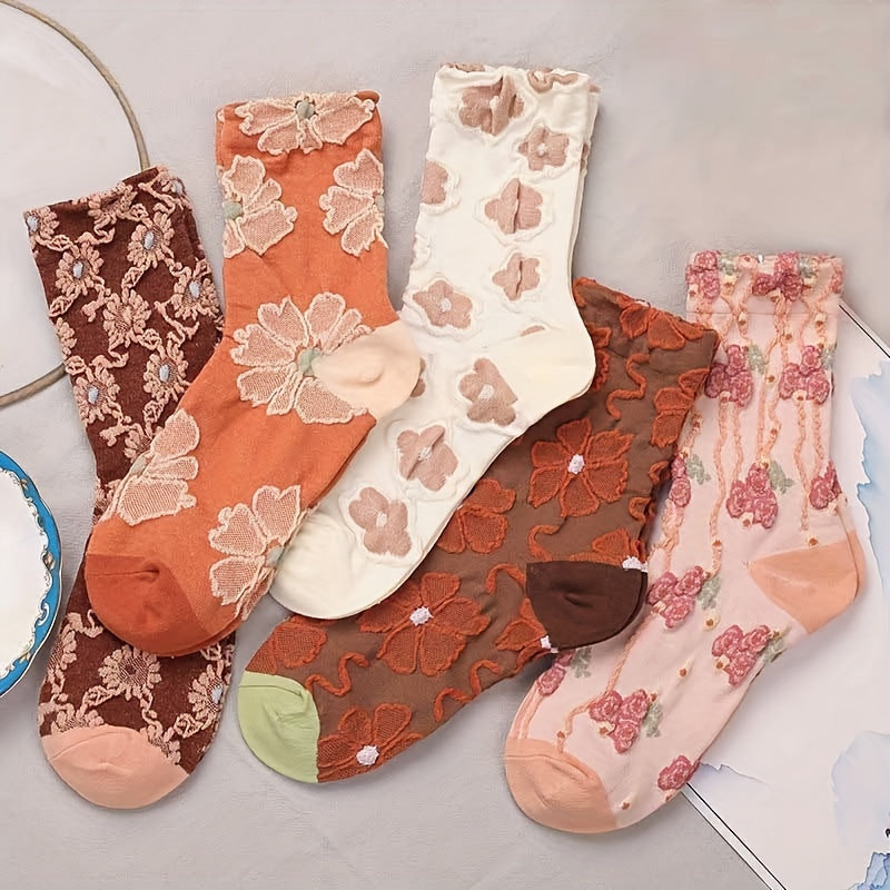 5 pares de calcetines con estampado floral, cómodos y transpirables, de tubo medio, para mujer.