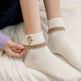 5 pares de calcetines con encaje floral, suaves y cálidos, acanalados hasta el tobillo, medias y calcetería para mujer