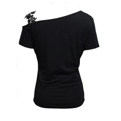 Ladies' Solid Color Lace Appliqu E Shoulder Strap Slanted Shoulder Collar Off Shoulder Elegant Design T-shirt Top - Lootquake